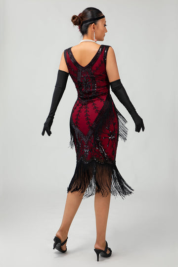 Fringed Black Red Sequin 1920s Dress with 5-Piece Accessory Set